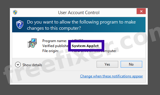 Screenshot where System Applet appears as the verified publisher in the UAC dialog
